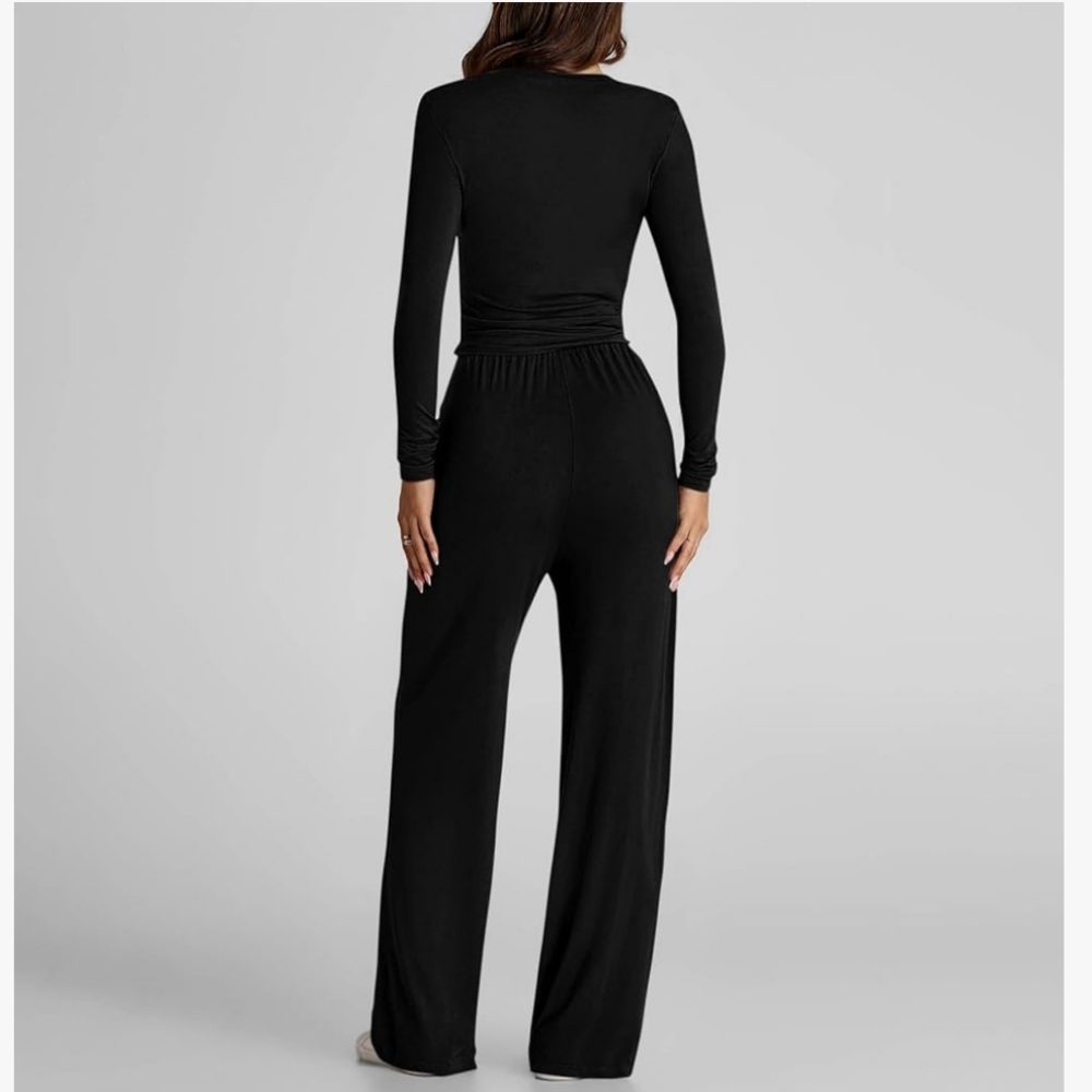 New 2 Piece Outfits Lounge Sets Long Sleeve Tops Wide Leg Pants - Picture 2 of 6